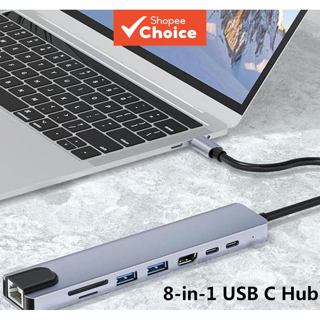 Hub USB-C 8 em 1 Gigabit Ethernet 4K HDMI PD Carregamento Leitor SD/TF Adaptador para Notebook