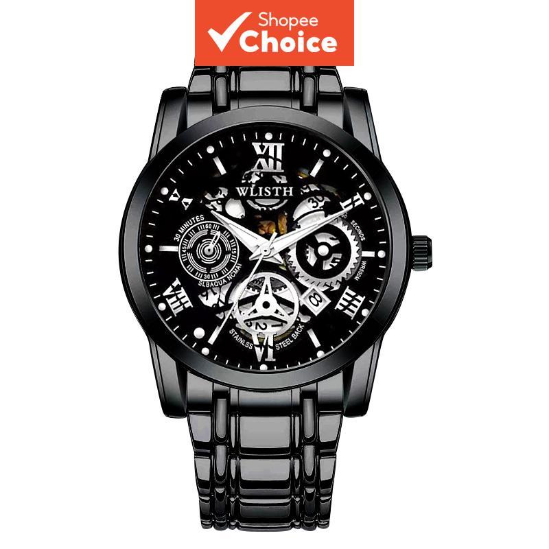 Relógio Masculino Wlisth All Black Skeleton Quartz – Aço Inoxidável , Mostrador De Engrenagem , À Prova D'água , Estilo