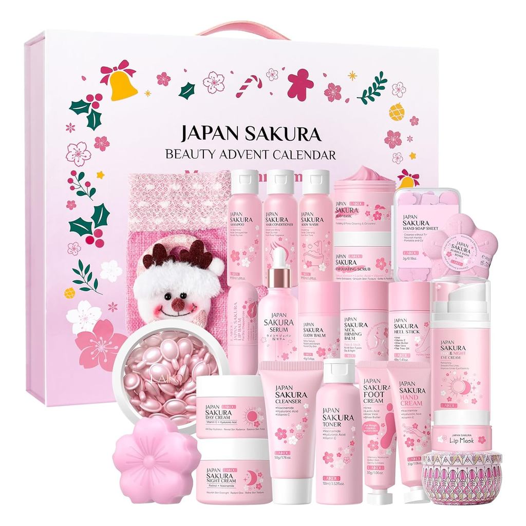Calendário de Beleza LAIKOU Japan Sakura 2025, Presentes de Natal para Mulheres, Conjunto de Cuidados com a Pele, Conjun