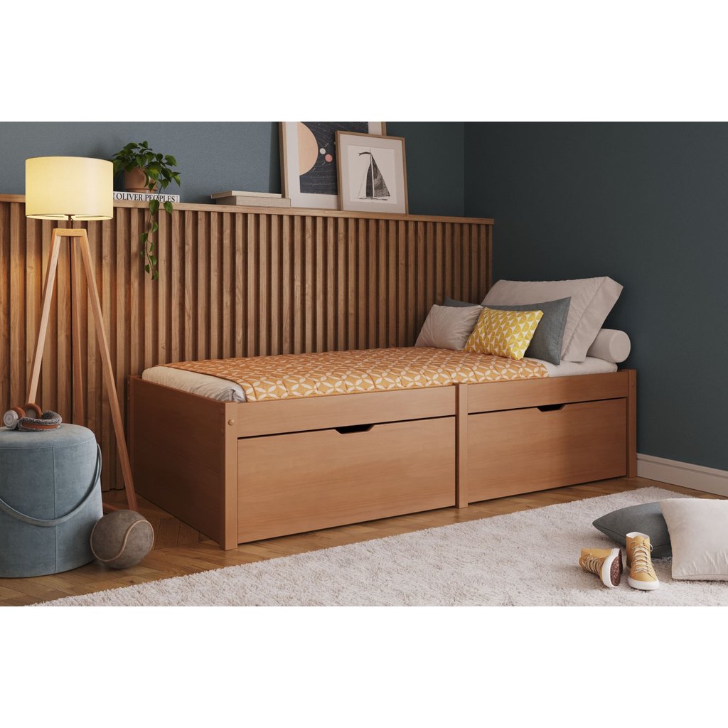 Cama Solteiro 2 Gavetas Madeira Maciça Beauty Marrom/Amêndoa Amêndoa