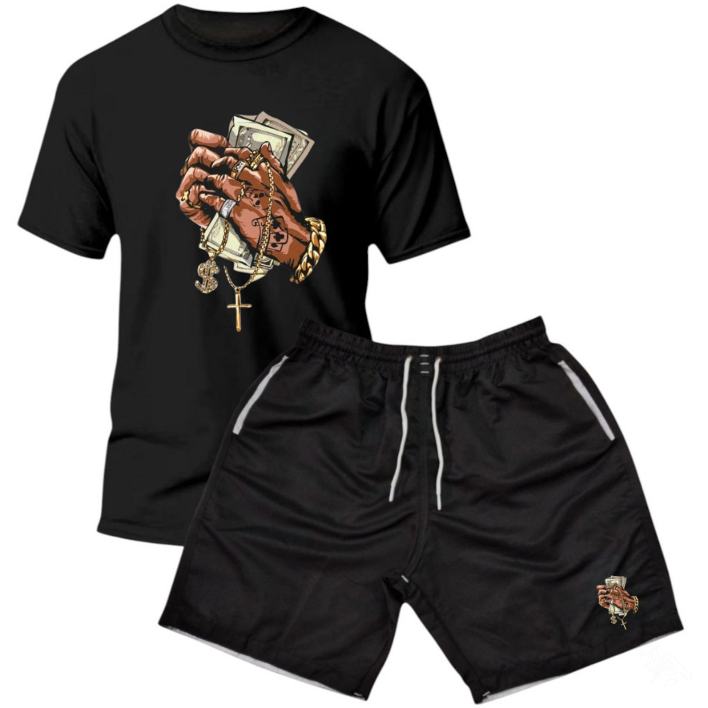 Kit Camiseta Masculina + Bermuda Masculina  Estampada Tactel Moda Praia MONEY MAO