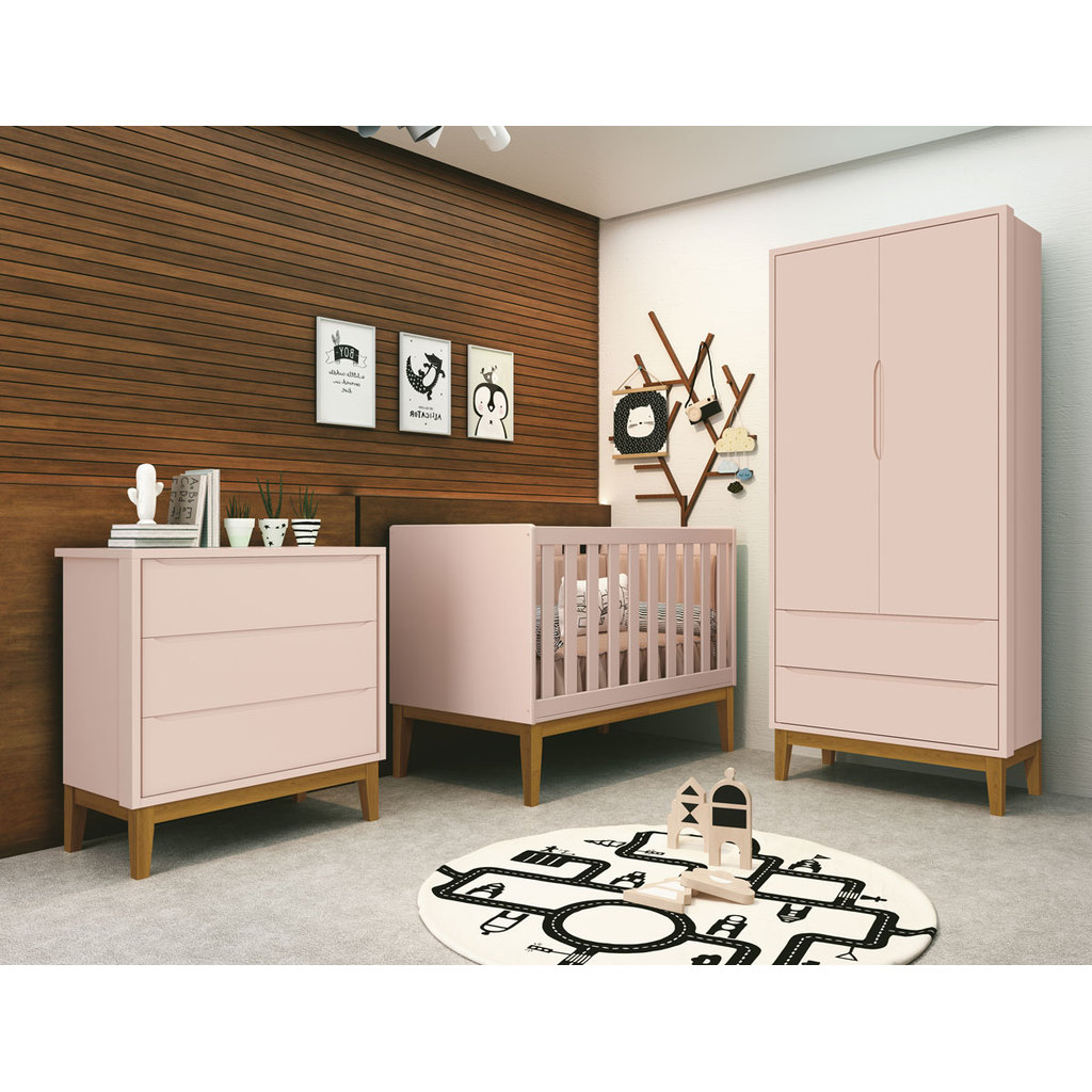 Jogo de Quarto para Bebê Completo 2 Portas 5 Gavetas Classic New Rosa Fosco com Madeira - Reller