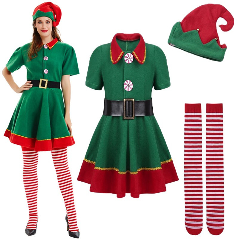 Mulheres Meninas Papai Noel Verde Traje Vestidos Roupa Uniforme De Natal Vestido Com Chapéu Meia Novas Anos Do Partido