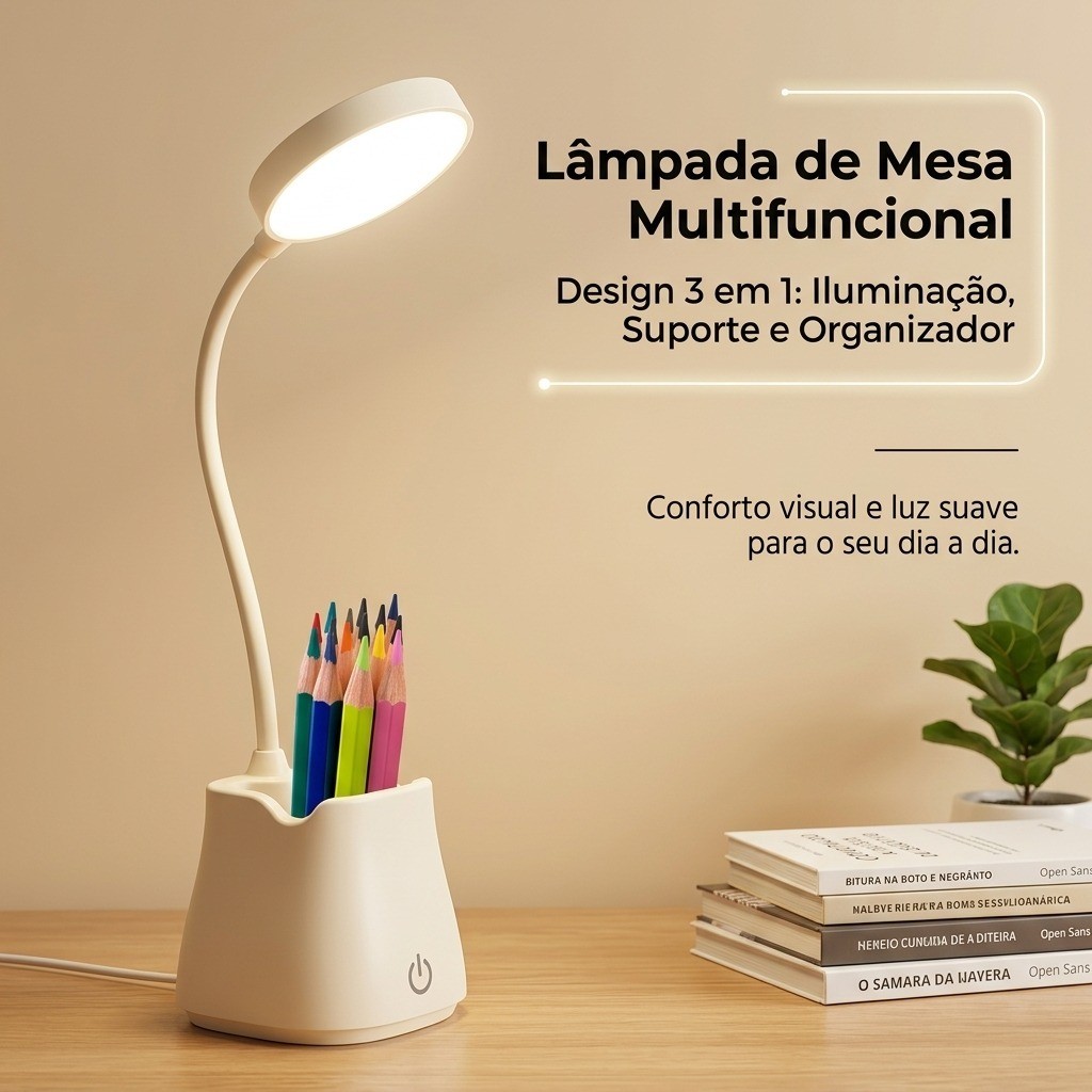 Lâmpada Mesa LED: 3 Cores, USB, Antirreflexo, Proteção Olhos, Ideal para Estudo e Trabalho