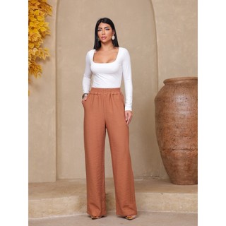 Calça Pantalona Wide Leg em Viscose Marrante com Elástico