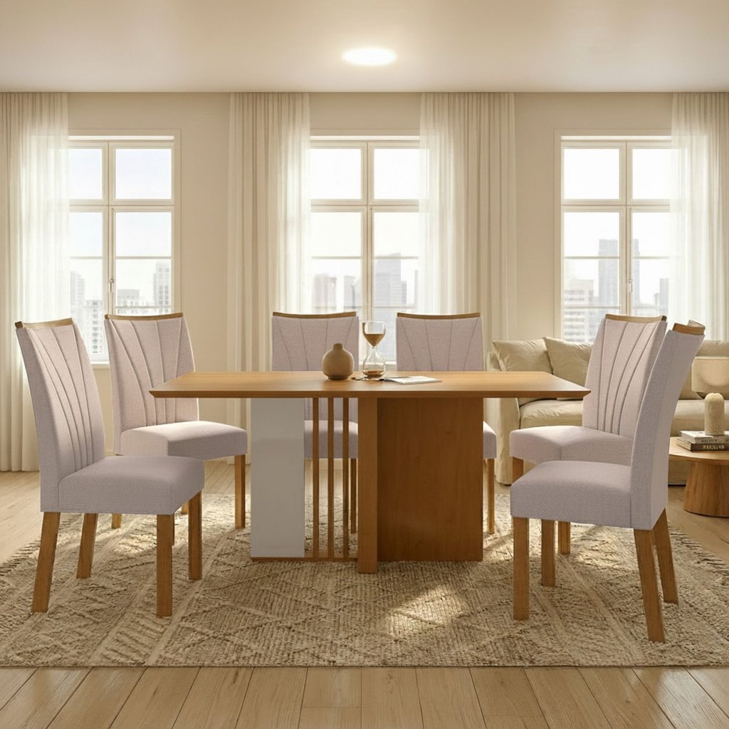 Conjunto Sala de Jantar 6 Lugares Retangular Tampo MDF No Glass Mesa Astrid com Cadeiras Apogeu Amêndoa Clean/Off
