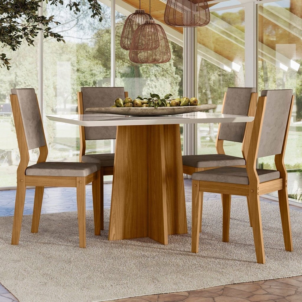 Conjunto Sala de Jantar Mesa Tampo Vidro/mdf Anitta 120cm com 4 Cadeiras Carol