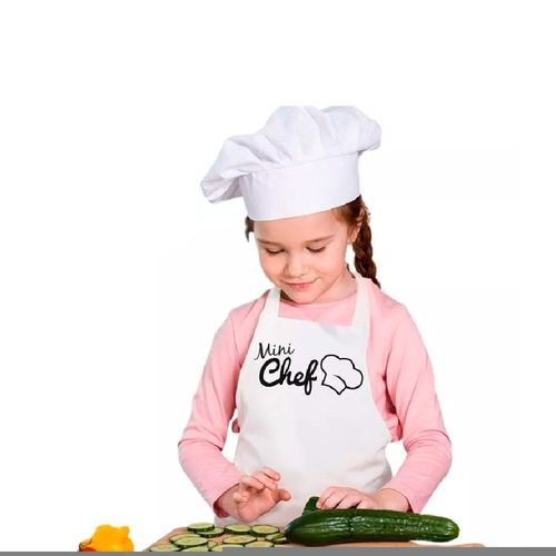 Avental Infantil Mini Chef Branco Ajustavel Algodao Duravel Protecao Facil Limpeza Cozinha Crianca