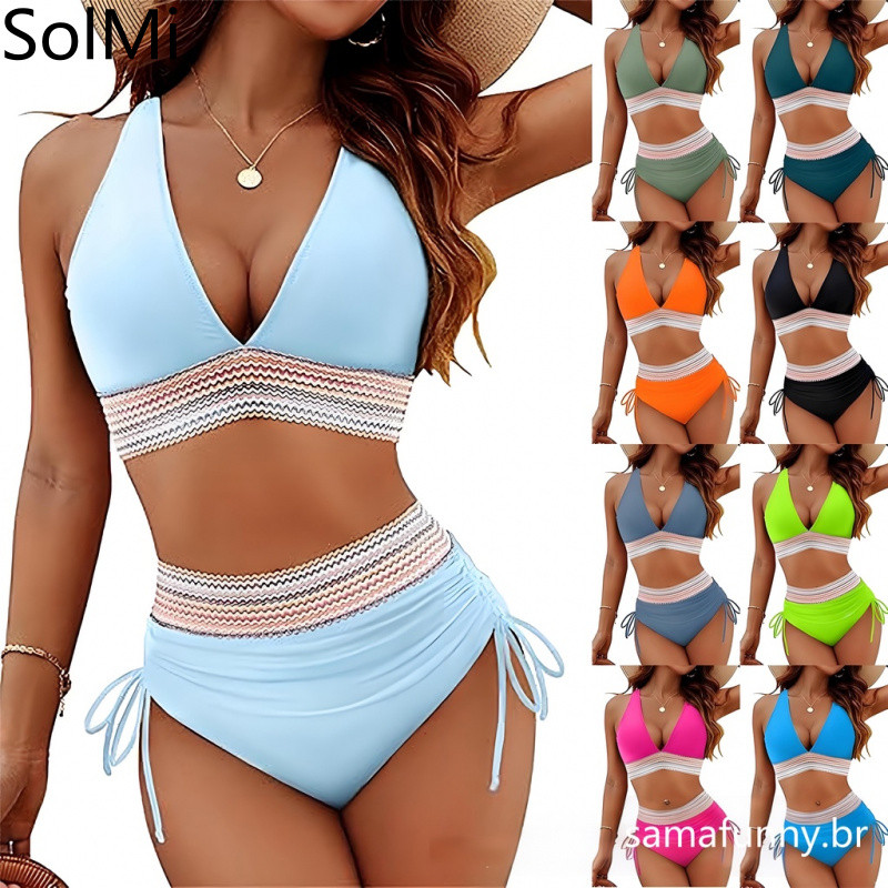 Biquíni Justo de Duas Peças Estilo Europeu e Americano para Mulheres, Cintura Alta, Sexy, com Amarração e Decote Halter