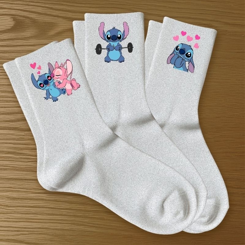 Kit 3 Meias Stitch Femininas Estampadas Confortáveis Academia Treino Casual Algodão Macio