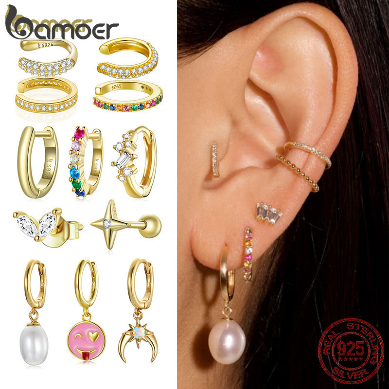 Bamoer Brinco Único Zircônia Colorido Prata 925 Banho Ouro​