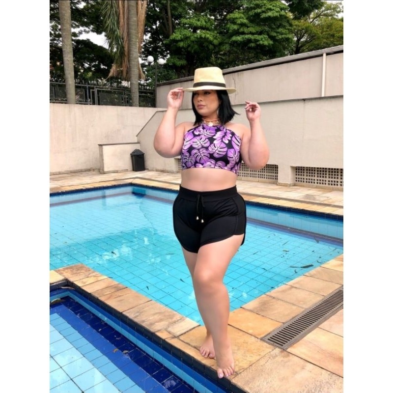 Conjunto Biquini-+ Cropped Cruzado nas Costas + Short Preto Liso com Cordão - 3 Peças Moda Praia Feminina
