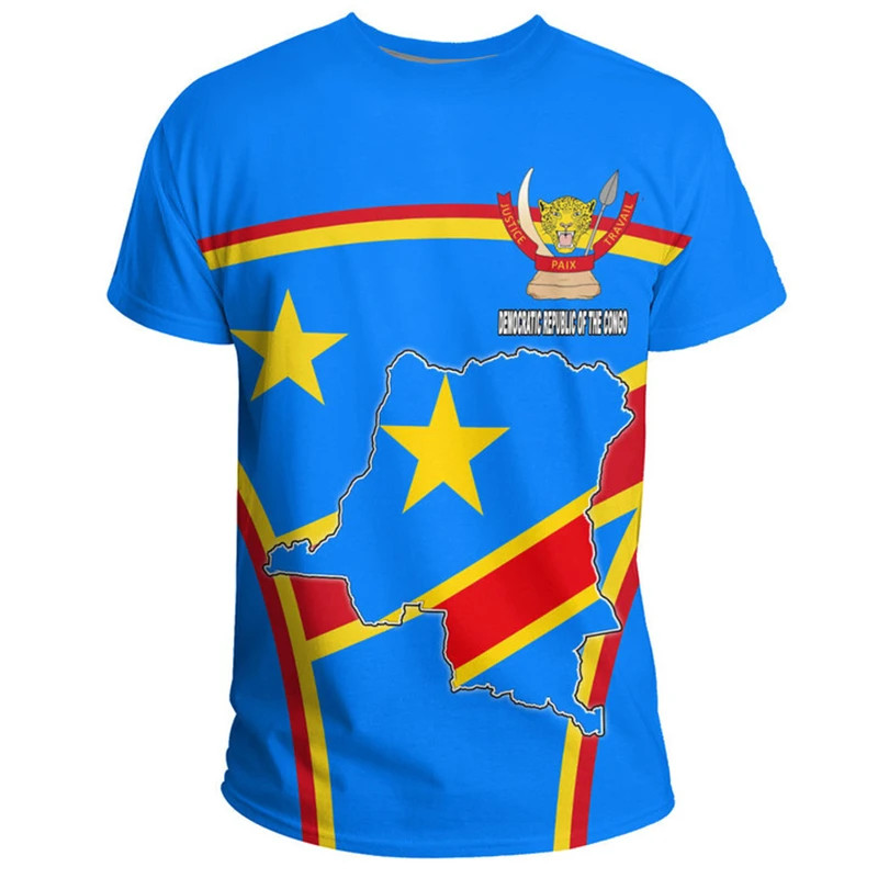 Detalhes do República Democrática Da Bandeira Congo Impressão 3D Emblema Nacional Camiseta Verão Casual Gola Redonda Camisetas Manga