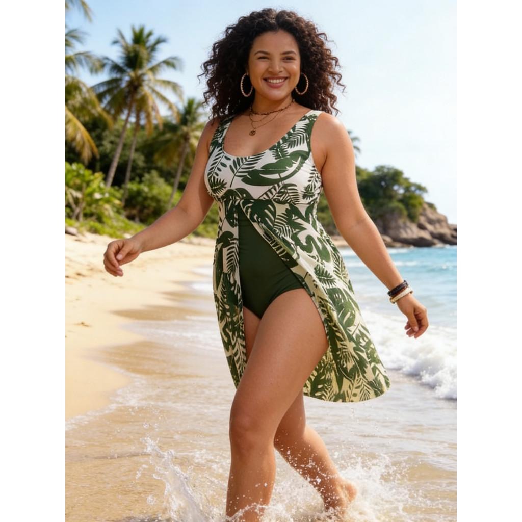 tankini sets Flor verde de uma peça tamanho grande maiô feminino com almofada no peito impresso praia férias saia maiô p