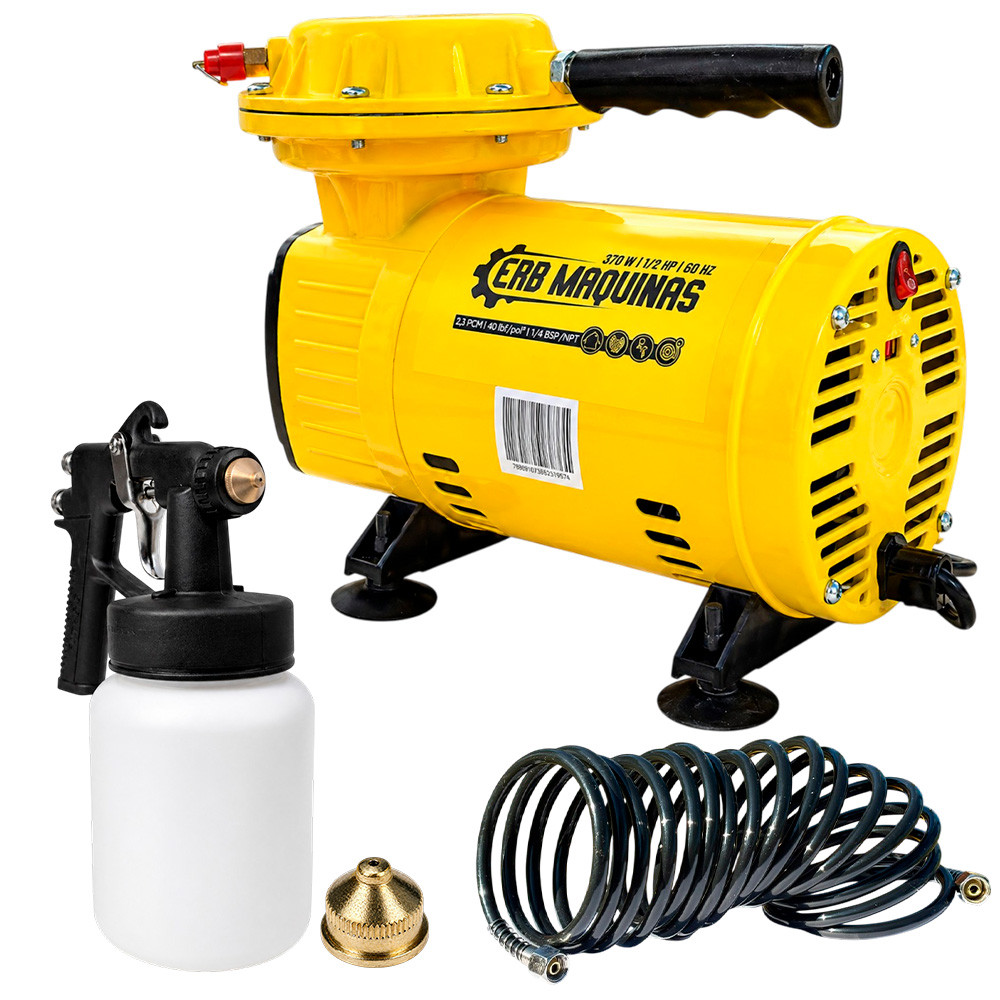 Imagem Kit Compressor de Ar Direto 370W Bivolt 127/220V Acompanha Pistola e Mangueira Erb Maquinas