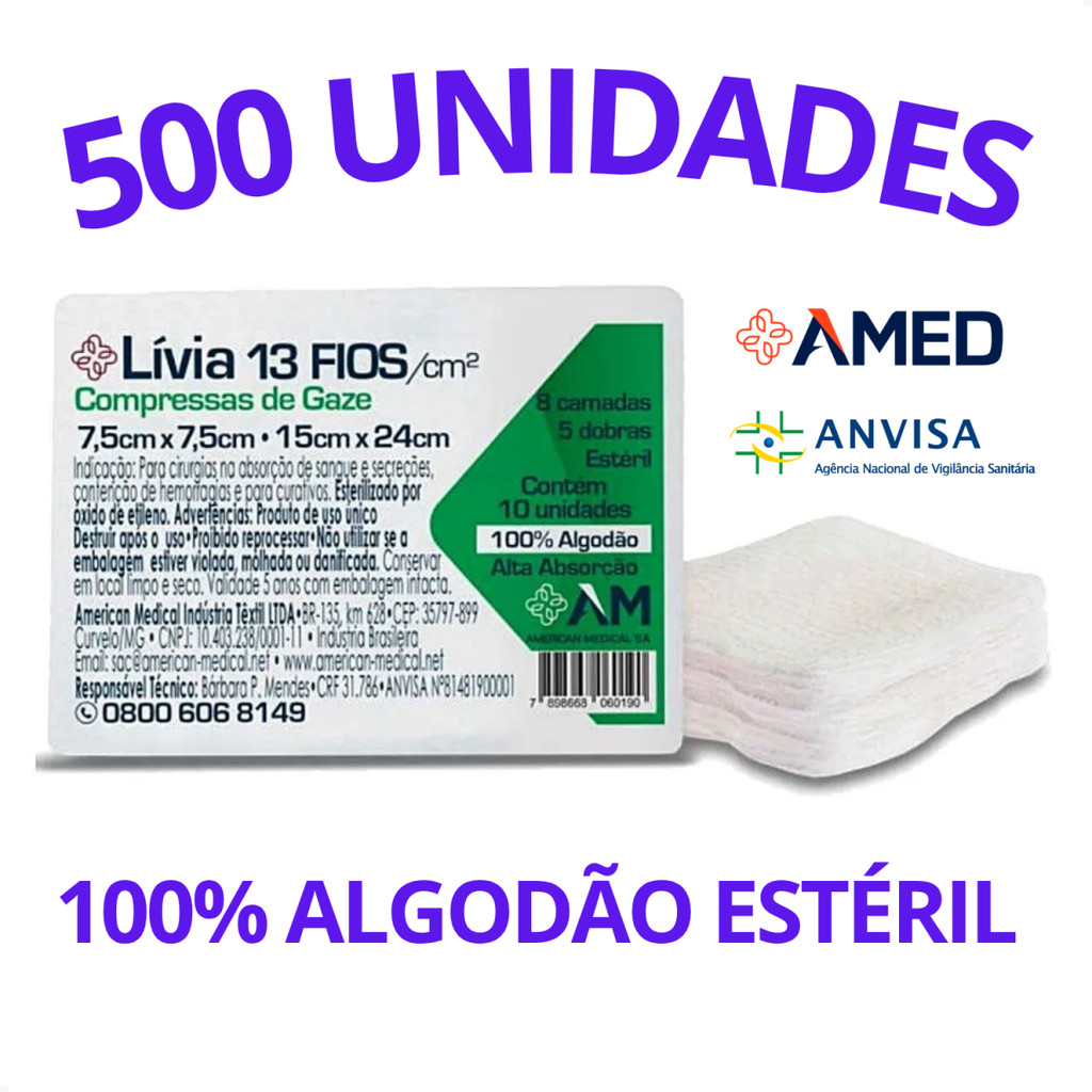 Kit até 500un Compressa de Gaze Estéril Hidrófila 13 Fios Lívia 7,5x7,5cm Amed - Envio Imediato