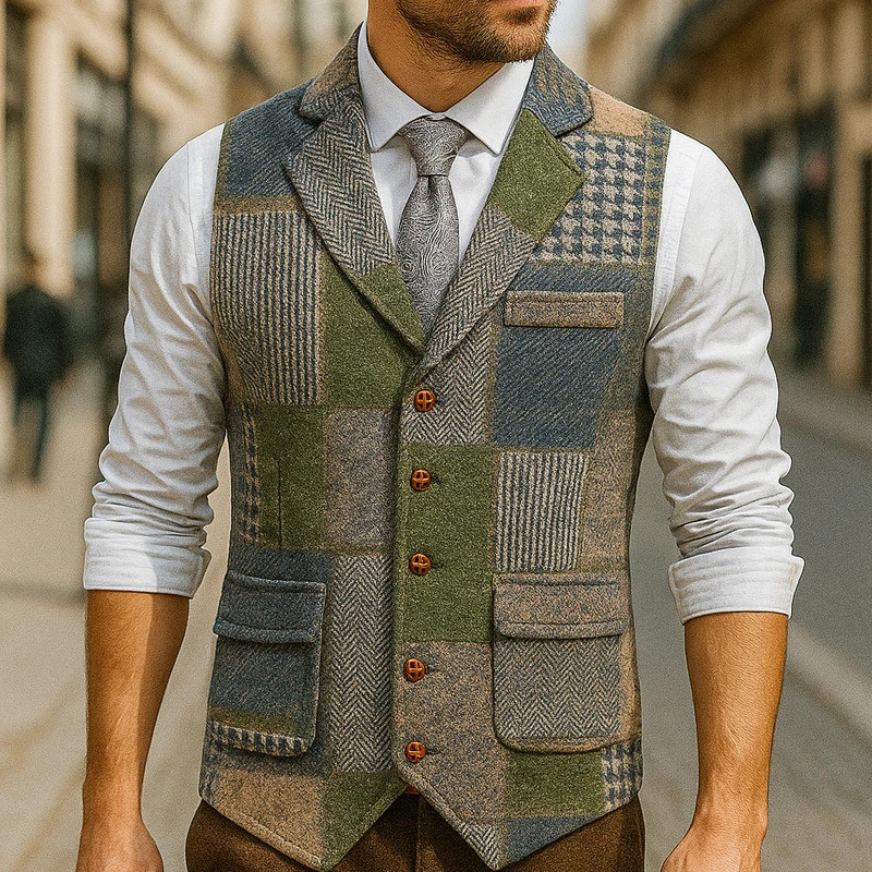 Colete Masculino Verde Tweed Xadrez Fino Ajuste Lapela Terno Espinha De Peixe vintage Para Padrinhos De Casamento