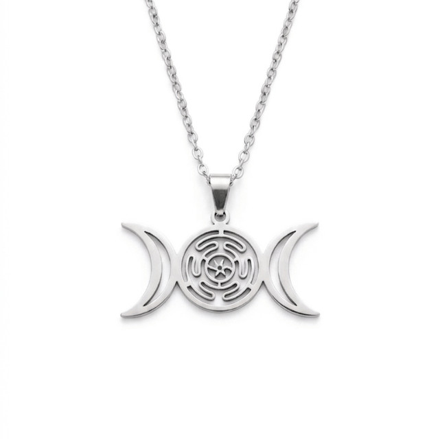 Colar Aço Inox Triluna Com Roda de Hécate Amuleto Wicca Poderoso Símbolo