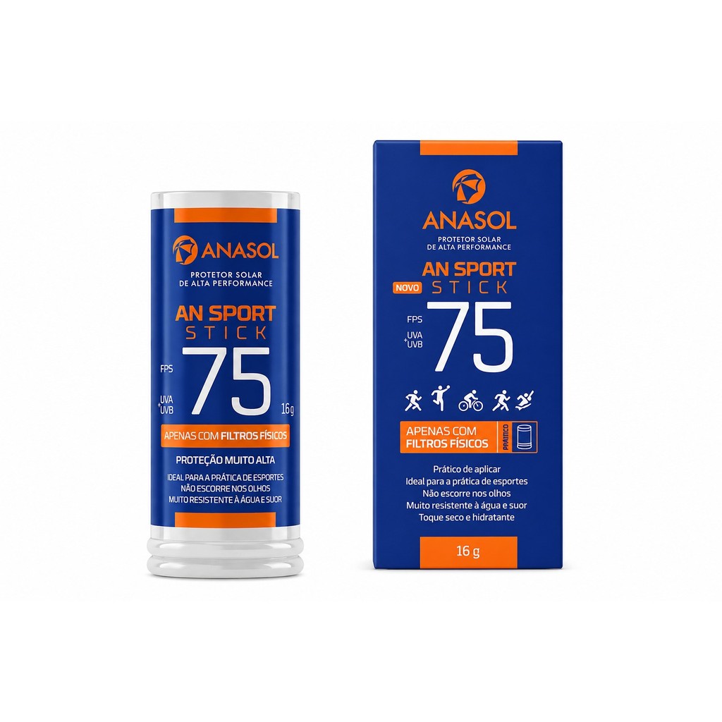 Protetor Solar Anasol AN Sport Stick FPS 75 Bastão 16g Vegano Filtros Físicos UVA UVB Não Escorre Olhos Esportes
