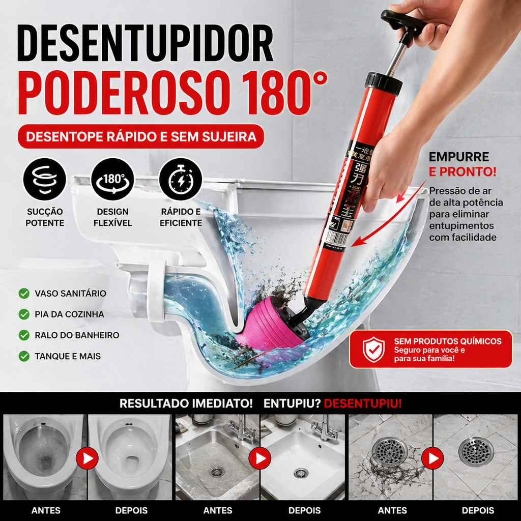 Ventosa Desentupidora Profissional 150mm  Alta Pressão com Ângulo 180° Borracha Reforçada para Vaso Sanitário Pia e Ralo