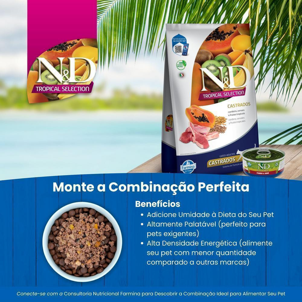 N&D Tropical para Gatos Adultos Castrados de Todas as Raças Sabor Cordeiro, Cereais e Frutas Tropicais 7Kg — imagem 2 de 2