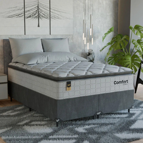 Cama Box Casal Bipartido + Colchão Comfort Class Pillow Top  Branco/suede Cinza