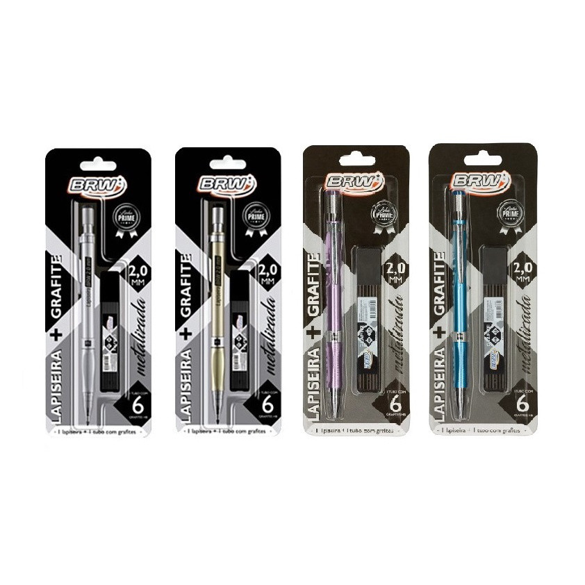 Lapiseira 2.0mm Metalizada Azul/Prata/Dourado/Roxo  + Tubo Grafite HB 6 Unidades BRW - Escolha a Cor