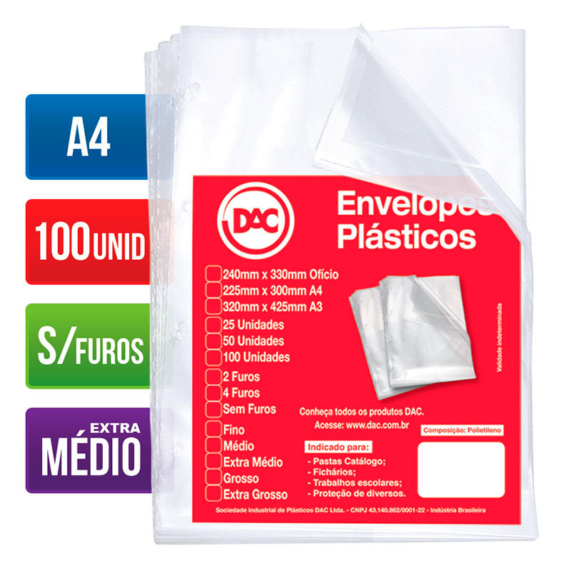 Envelope plástico A4 0.12 s/furos 5177A4 pacote com 100 unidades Dac