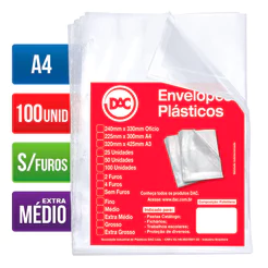Envelope plástico A4 0.12 s/furos 5177A4 pacote com 100 unidades Dac