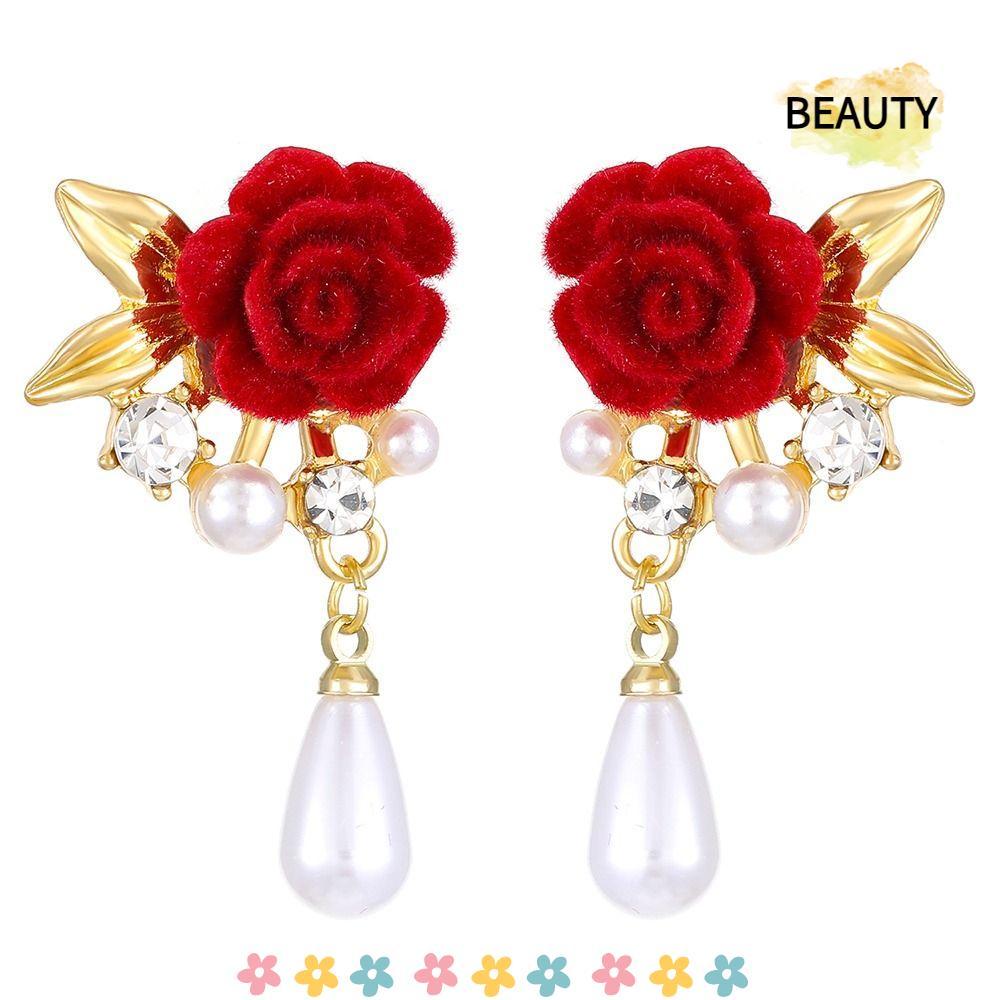 BEAUTYHOMEBR 1 Par De Brincos Decorativos , De Noiva Retrô Com Flor Rosa Super Fada Para Mulheres , Veludo Vermelho
