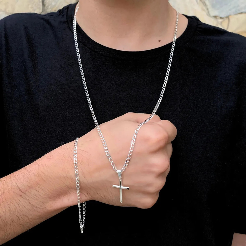 Corrente + Pulseira Prata 925 Pingente Cruz Masculino Grumet
