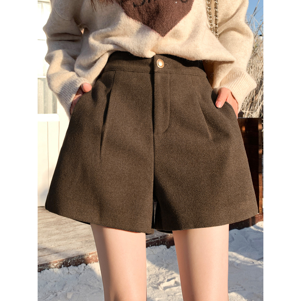 Cintura alta de lã a-Line Shorts feminino outono inverno exterior usar calças 2026 novo estilo mais magro olhar calças d