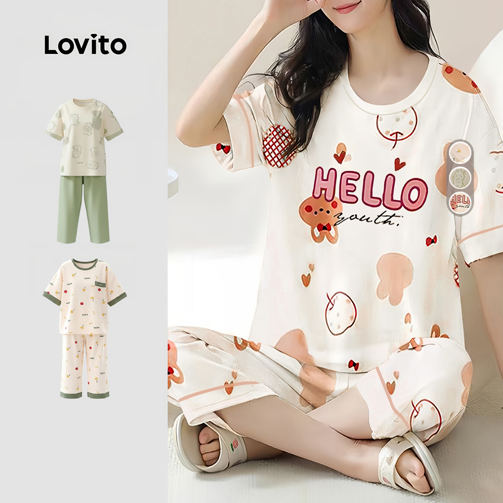 Lovito Conjunto De Pijama Fofo De 2 Peças Dia a Dia De Alta Qualidade Estampa Desenho Animado Para Mulheres LNE141003