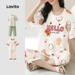 Lovito Conjunto De Pijama Fofo De 2 Peças Dia a Dia De Alta Qualidade Estampa Desenho Animado Para Mulheres LNE141003