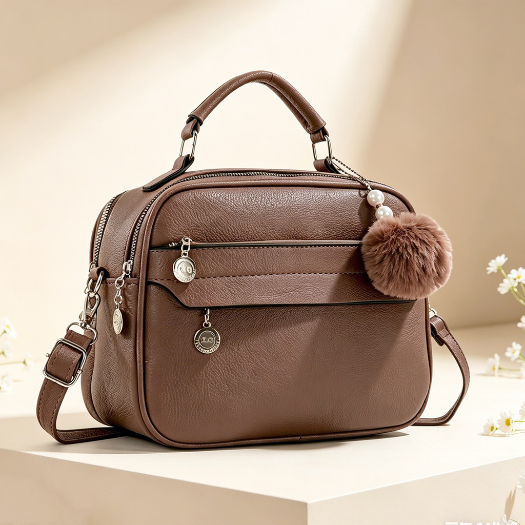 Bolsa Feminina Transversal Marrom De Couro Com Pompom E Alça Ajustavel Para Uso Diario