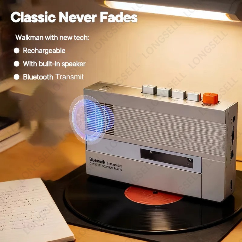 Leitor De Fita Cassete Com Função De Gravador Transmissor Bluetooth 2000mAh Bateria Recarregável Retro Estilo 80s Carreg