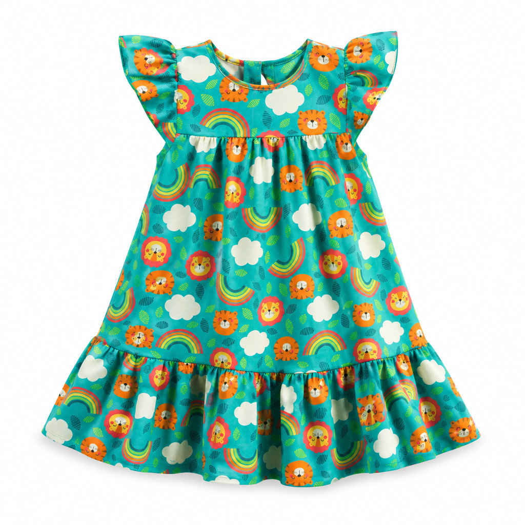 Vestido infantil e juvenil Lara Verde Leão e Tigre Menina Modinha