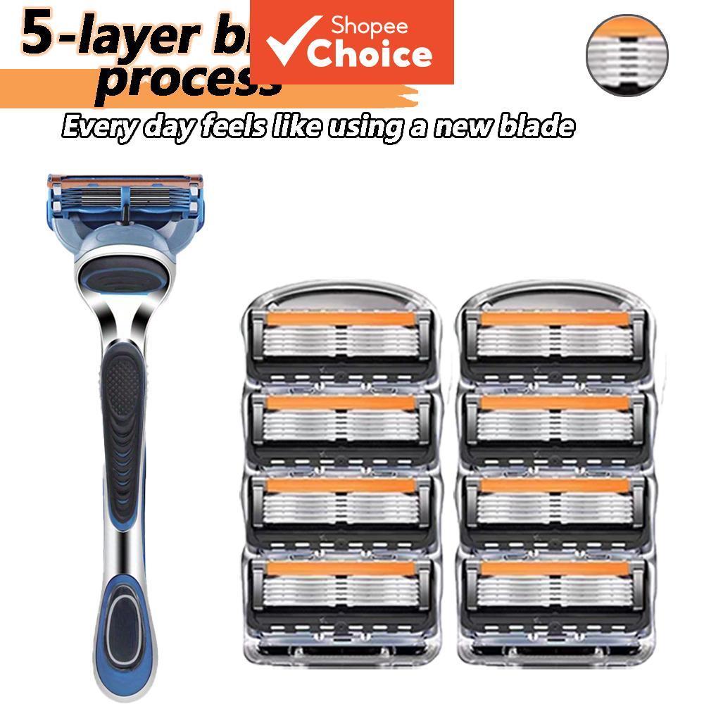 Conjunto de aparador manual masculino, 1 cabo + 8 lâminas, 5 camadas de lâminas compatíveis com Fusion 5, lâminas de