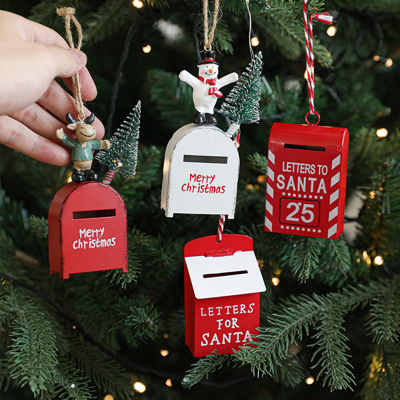 Novo Enfeite de Árvore de Natal, Pingente de Caixa de Correio do Papai Noel, Decoração Pintada em Ferro de 11cm