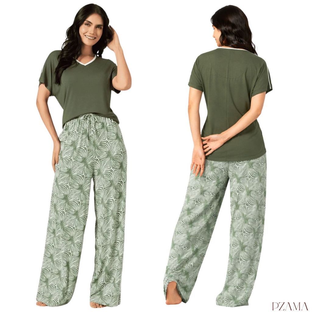 Conjunto Pijama Feminino Calça Camiseta Pzama Elegante Estampado Viscose