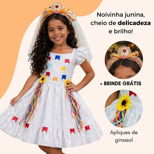 Vestido Noivinha Infantil Festa Junina Com Véu Completo