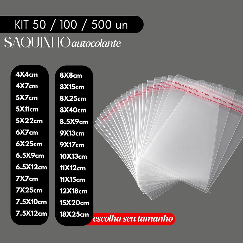 Kit 100 Saquinhos Autocolante Transparente Saco Adesivo Embalagem Resistente Semijoias Roupas Papelaria Eletrônicos