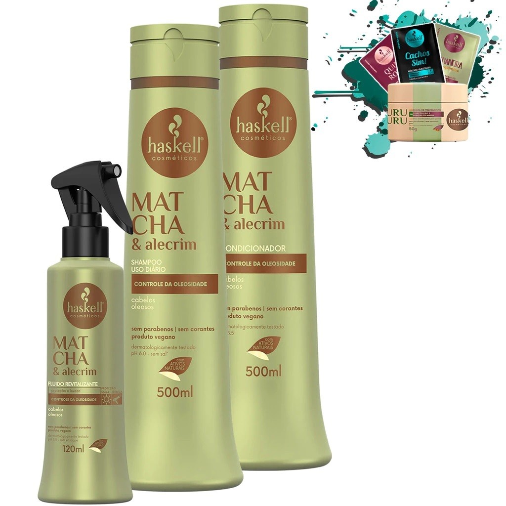 Shampoo Condicionador 500ml + Fluido 120ml Matcha e Alecrim Haskell