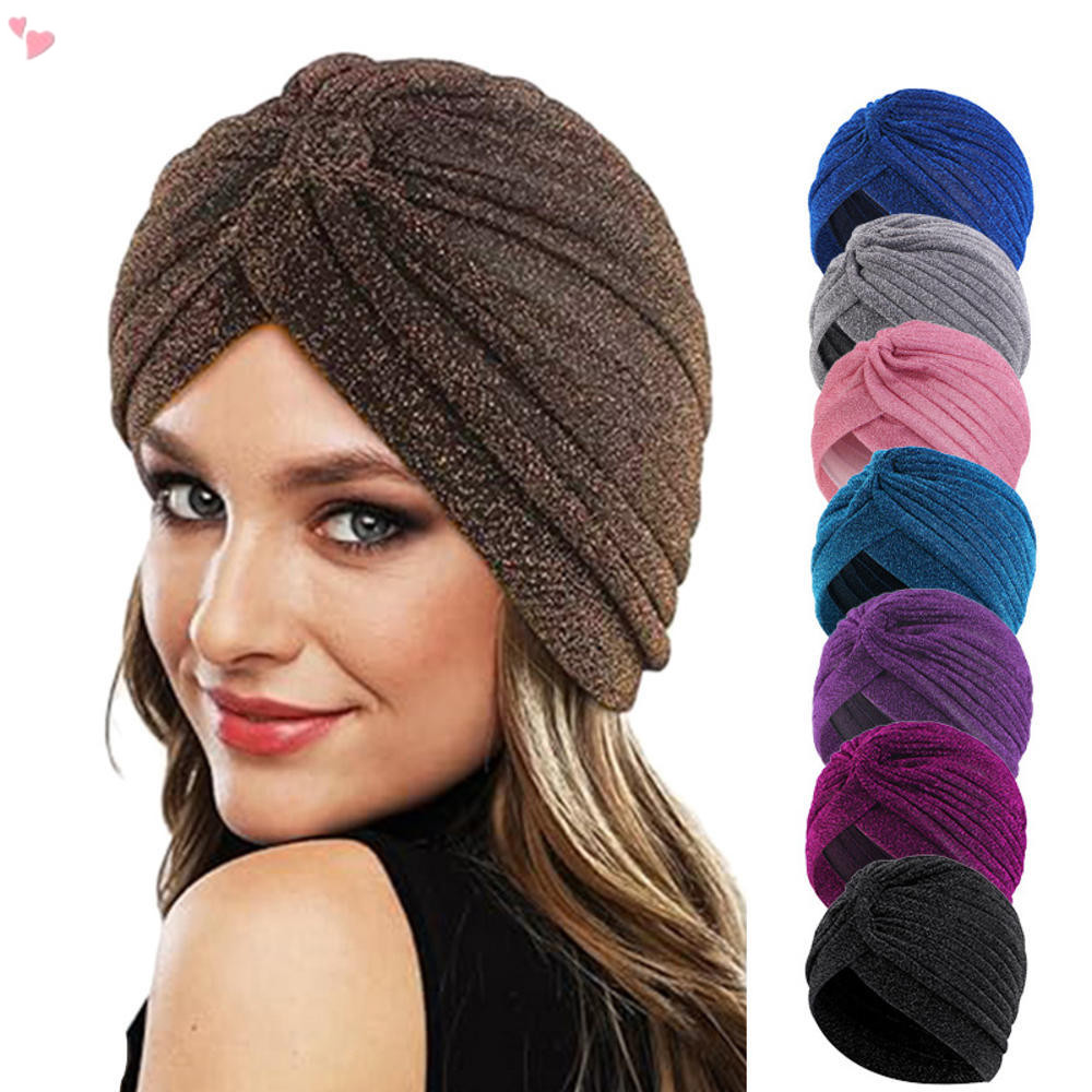 Turbante Metálico Brilhante Feminino , Gorro Plissado Com Nó Torcido Vintage , Chapéu De Quimioterapia Para Perda De Cab