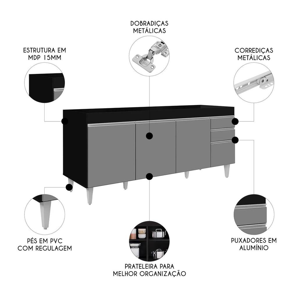 Balcão Gabinete Para Pia 180cm Sem Tampo Dallas Preto/Cinza - Lumil · foto 2