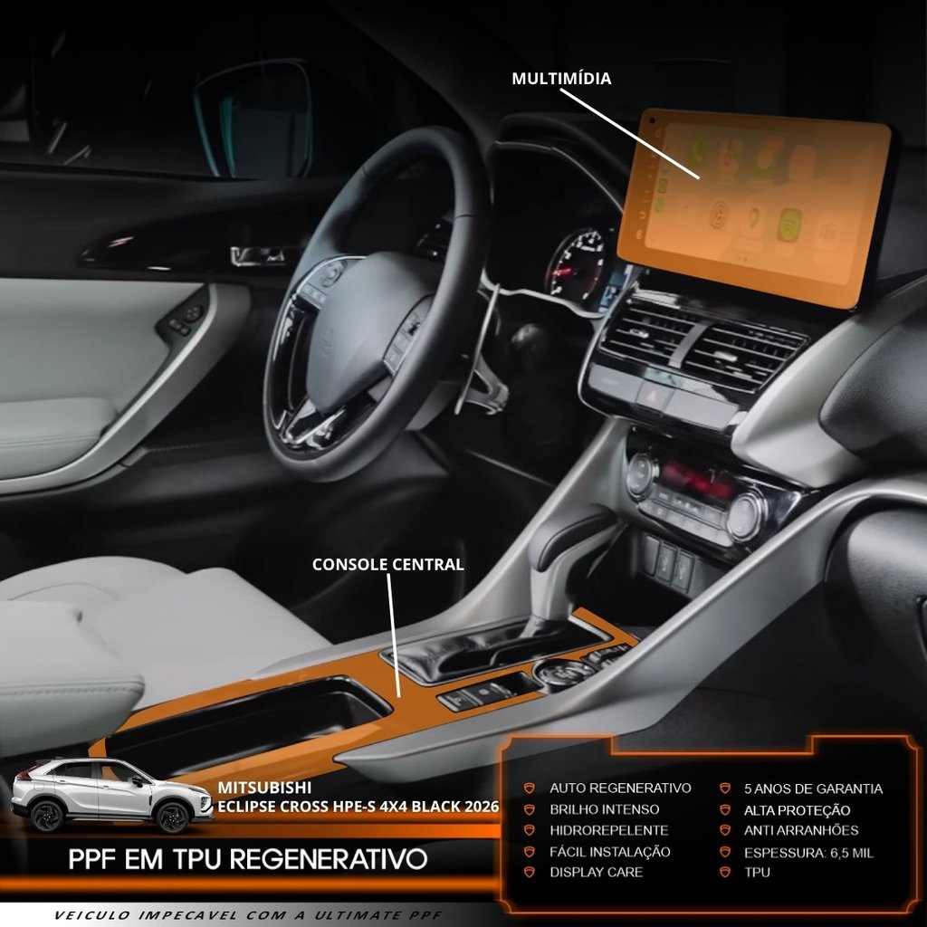 Película PPF Proteção Kit Console Central Multimídia Mitsubishi Eclipse Cross HPE-S BLACK 4X4 2026 TPU Anti Risco