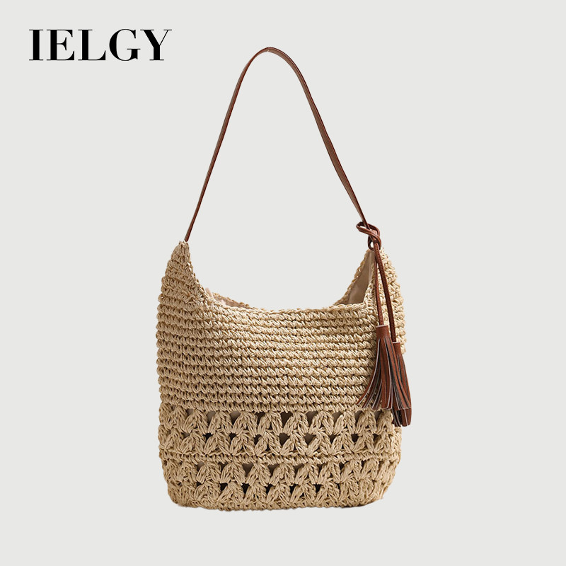 IELGY Bolsa de palha oca com borla tecida à beira-mar férias praia bolsa lazer
