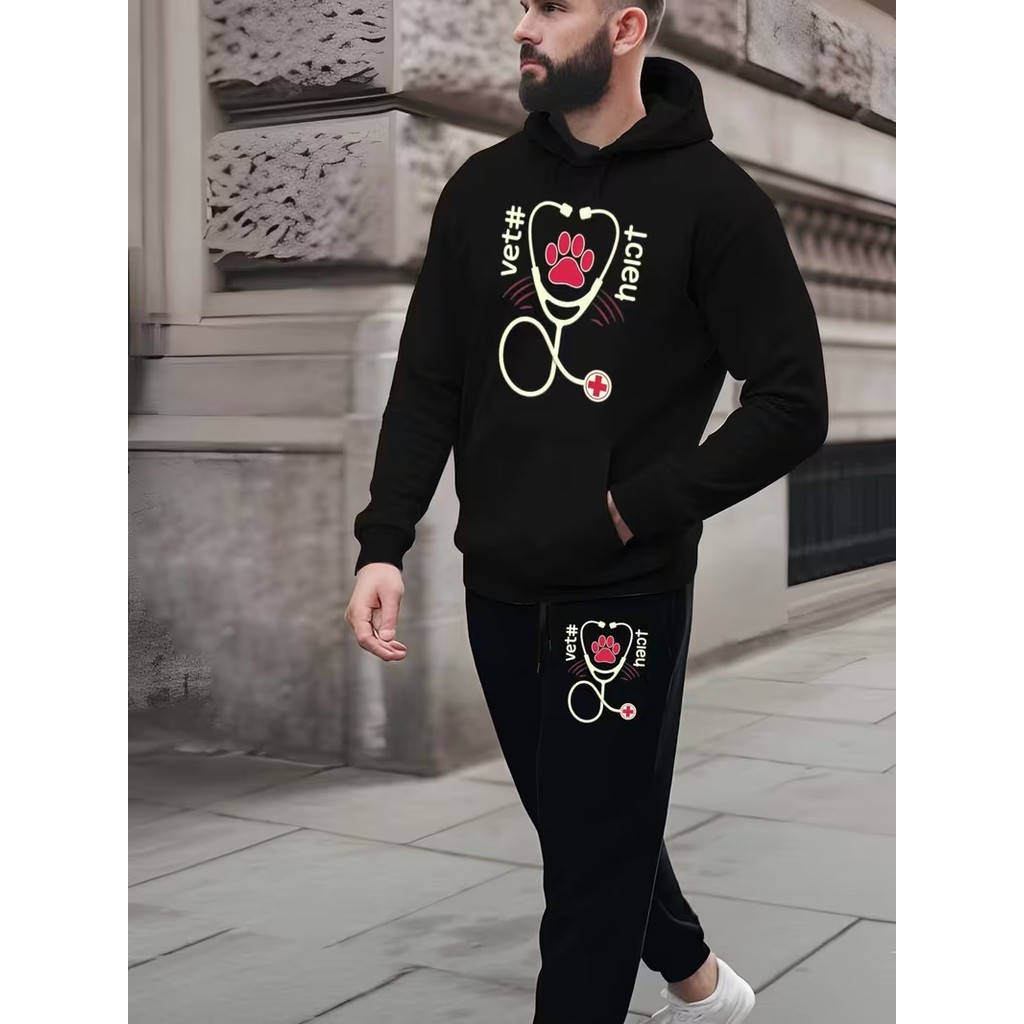 Conjunto Moletom Masculino Vet por amor Blusa De Frio Canguru Bolso e Capuz + Calça Moletom Estampados Outono/Inverno