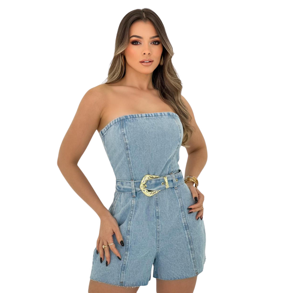 Macaquinho Jeans Com Cinto Sem Lycra Macaquinho Feminino Tomara Que Caia