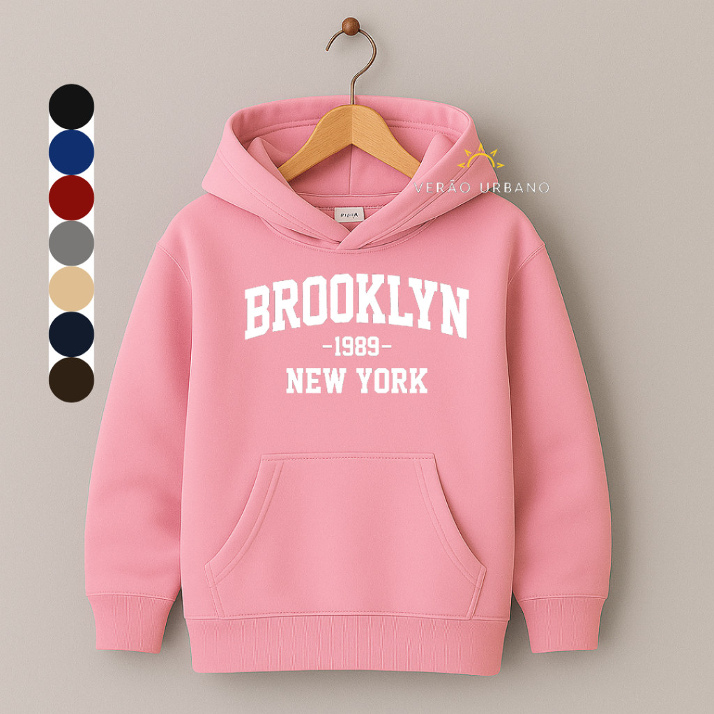 Moletom Infantil Flanelado Estampado "Brooklyn" Blusa de Frio com Capuz e Bolso Canguru Algodão